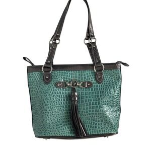 Madi Claire Teal Croc Embossed Tassel Tote Bag Metallic Charcoal Shoulder Bag